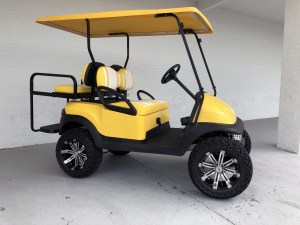 YELLOW AND WHITE DOUBLE TAKE LIFTED CLUB CAR PRECEDENT GOLF CART 02